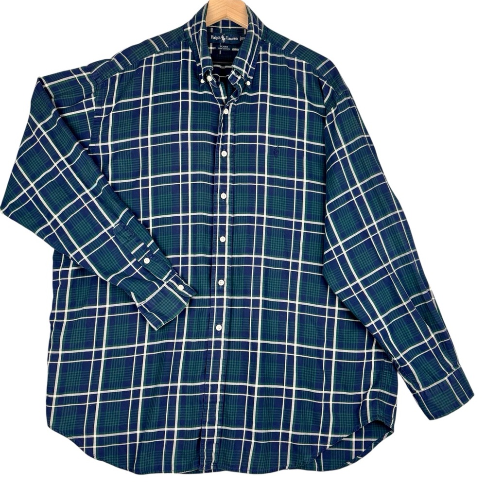 Ralph Lauren‎ Blaire Shirt Men XL Green Blue Plaid Button Down Long Sleeve Pony